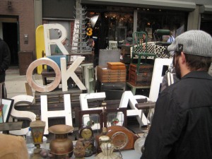 A nostalgic Mets fan looks at vintage Shea lettering at the City Foundry stall, an antique store on Atlantic Avenue.