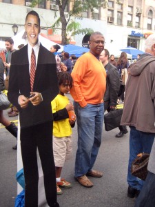 Festival goers could have their photo taken with a life-size Obama cut-out, in front of a family-run Obama-Bident fundraising stall.Janice and Melvin Williams (not pictured) commenced a fundraising drive for Obama when he won the Democratic nomination for President.